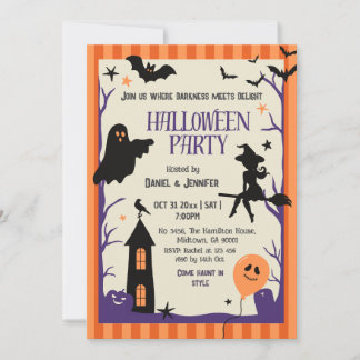 Convite Festa de Halloween Vintage Bruxa Morcego Assombrad