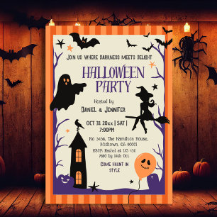 Convite Festa de Halloween Vintage Bruxa Morcego Assombrad
