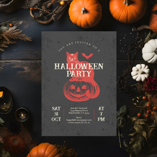 Convite Festa de Halloween Vintage Preto Morcego e Gato Ab