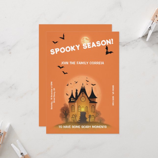 Convite Festa de Haloween Laranja com Mansão (Frente/Verso In Situ)