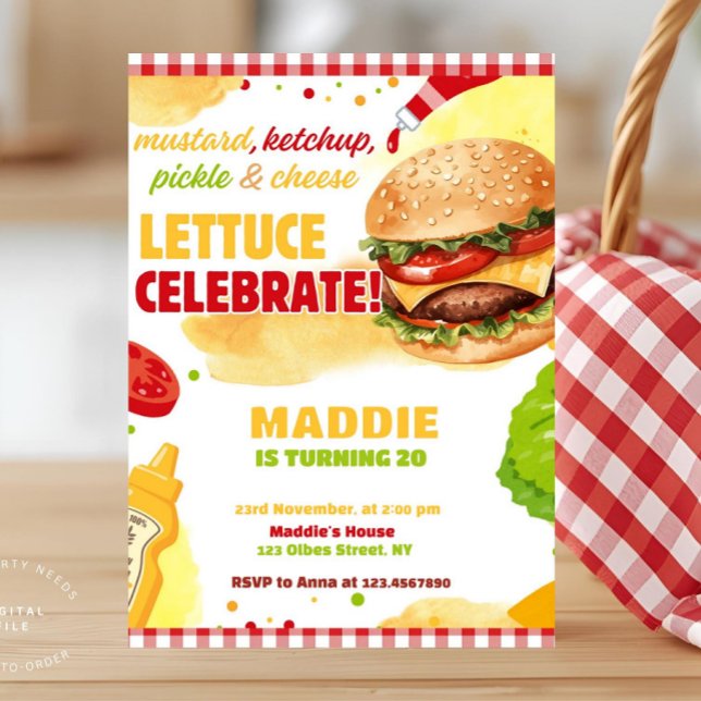 Convite Festa de Hambúrguer no Quintal de Gingham Esfriand ( backyard burger party, bbq party invitation, burger birthday party invite,summer family annual barb)