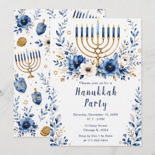 Convite Festa de Hanukkah Azul e Dourada