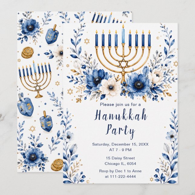 Convite Festa de Hanukkah Azul e Dourada (Frente/Verso)