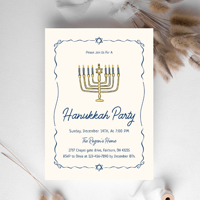 Convite Festa de Hanukkah com Desenhos à Mão Caprichosos   (Criador carregado)
