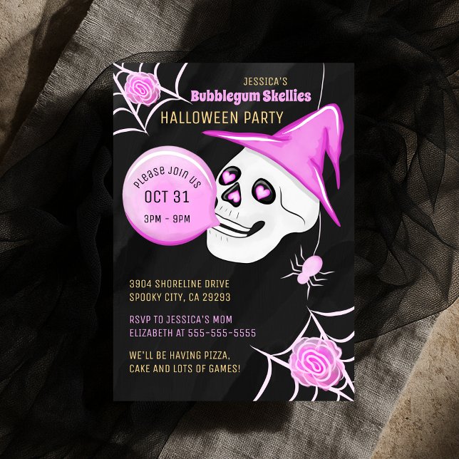 Convite Festa de Hat Bubblegum Skellies Halloween (PINK AND BLACK BUBBLEGUM SKELLIES HALLOWEEN PARTY INVITATION)