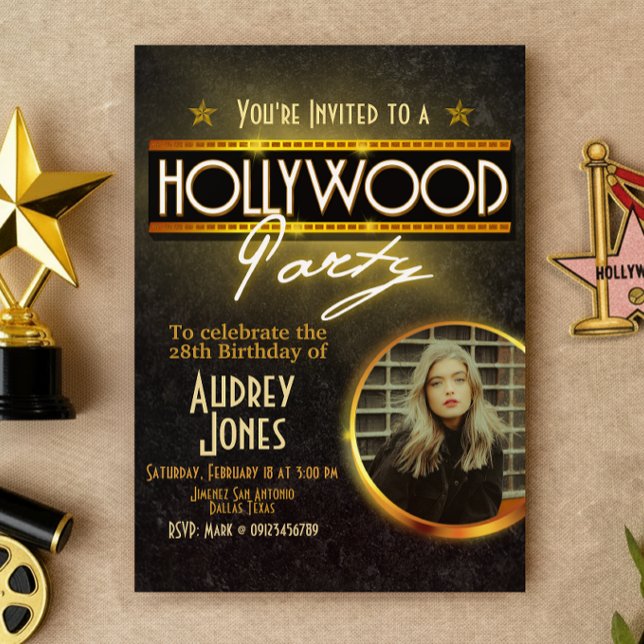 Convite Festa de Hollywood com Foto (Hollywood Party with Photo Invitation)