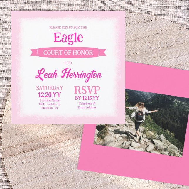 Convite Festa de Honra Águia Rosa e Branco (Pink eagle scout court of honor photo invitation with decorative banner ribbon, square announcement)