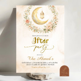 Convite Festa de Iftar do Crescente Floral Bege Boho do Ra