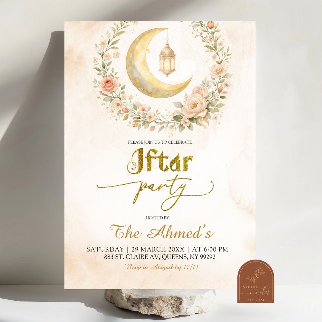 Convite Festa de Iftar do Crescente Floral Bege Boho do Ra (Criador carregado)