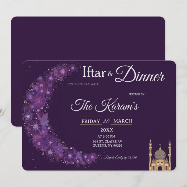 Convite Festa de Iftar do Ramadan da Mesquita Mínima Roxa (Frente/Verso)
