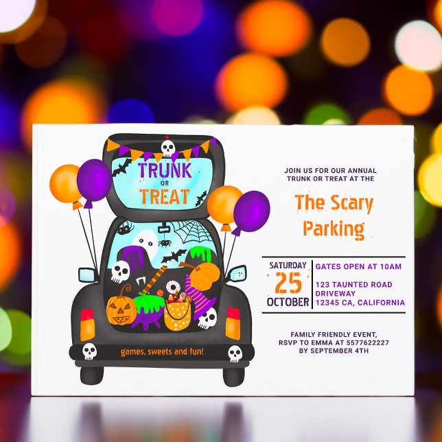 Convite Festa de ilustração de carro de trick ou tronco de (Halloween trunk or trick car illustration party invitation)