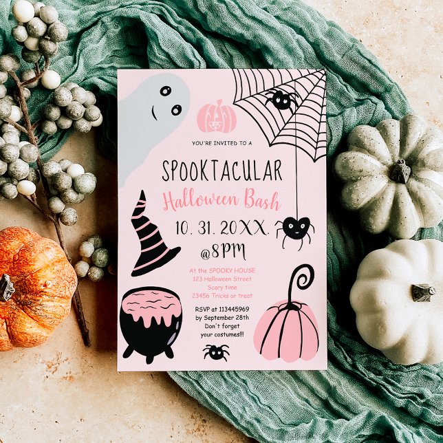 Convite Festa de ilustrações do Dia das Bruxas de crianças (Cute kids pink Halloween illustrations party Invitation)