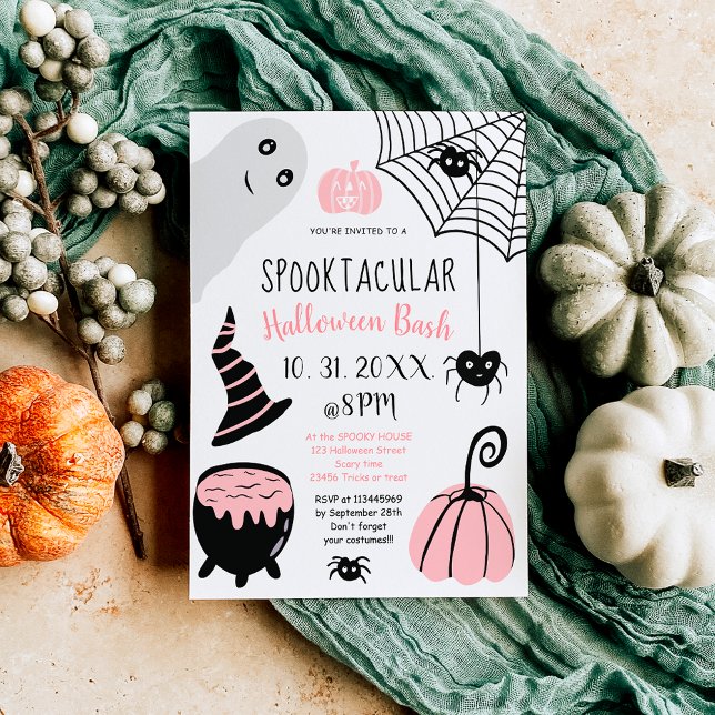 Convite Festa de ilustrações do Dia das Bruxas de crianças (Cute kids pink Halloween illustrations party Invitation)