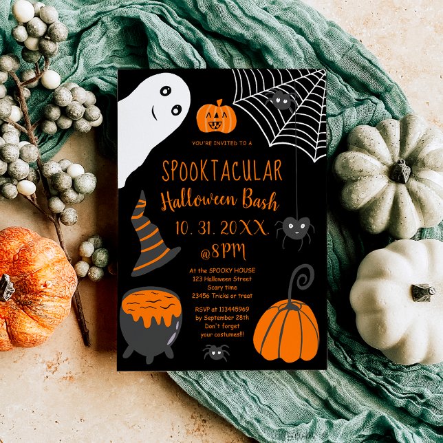 Convite Festa de ilustrações do Dia das Bruxas laranja par (Cute kids orange Halloween illustrations party Invitation)