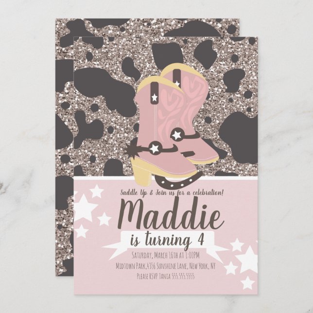 Convite Festa de Impressão de Vaca de Birthday Glitday (Frente/Verso)