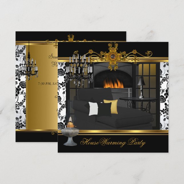 Convite Festa de Inauguração Lustre Damask Branco Dourado (Frente/Verso)