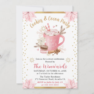 Convite Festa de Inverno de Chocolate Quente Rosa e Biscoi