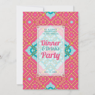 Convite Festa de Jantar Bebidas Boho Chic Dourado Rosa Tur