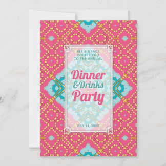 Convite Festa de Jantar Bebidas Boho Chic Dourado Rosa Tur