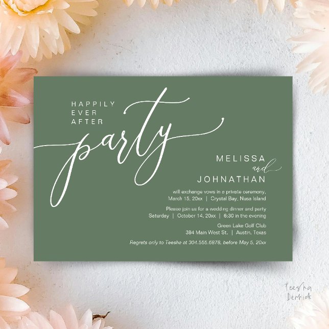 Convite Festa de Jantar de Casamento Elopement Felizes par (Happily Ever After Wedding Elopement Dinner Party Invitation card, in Sage Green)