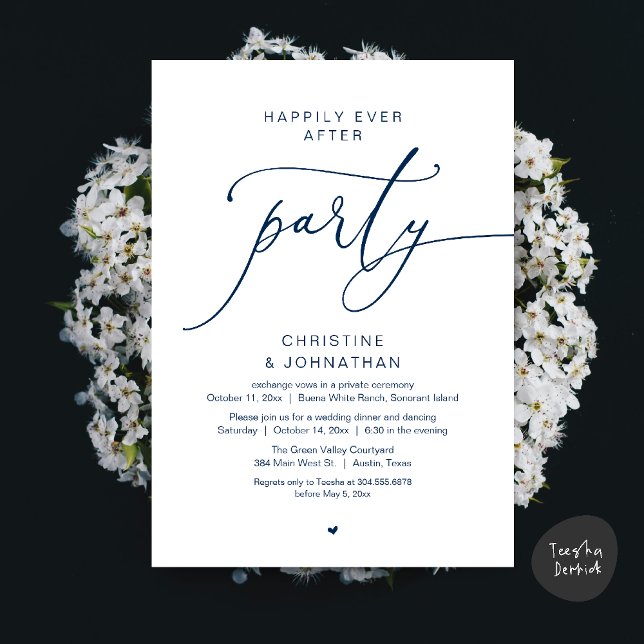 Convite Festa de Jantar de Casamento Felizes para Sempre D (Happily Ever After Romantic Wedding Dinner Party Dancing Modern Clean Invites Card PDF Navy Blue)