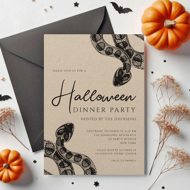 Convite Festa de Jantar de Cobras Pretas Elegantes de Hall (Elegant Black Snakes Dinner Party Halloween Invitation)