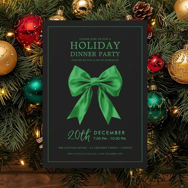 Convite Festa de Jantar de Feriado Laço de Seda Verde Pret (Holiday Dinner Party Green Satin Bow Black Invitation)