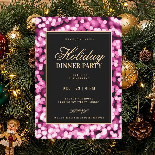 Convite Festa de Jantar de Férias Black & Pink Glam Lights (Black & Pink Glam Lights Holiday Dinner Party Invitation)