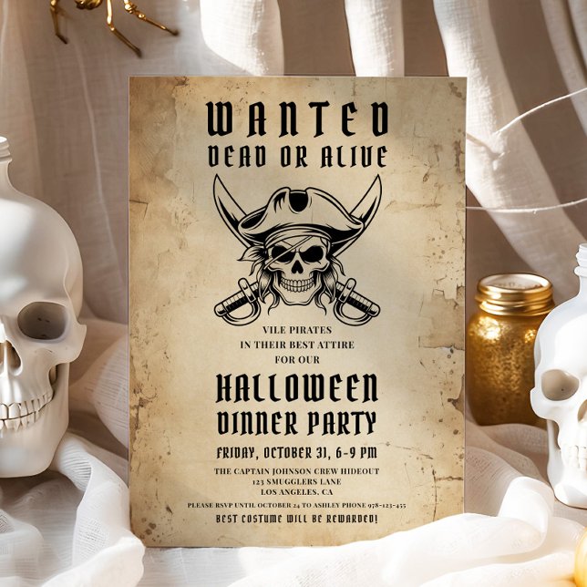 Convite Festa de Jantar de Halloween Caveira Pirata Vintag (Vintage Pirate Skull Halloween Dinner Party Invitation)