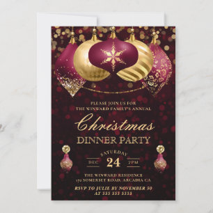 Convite Festa de Jantar de Natal com Bolas Burgundy e Dour