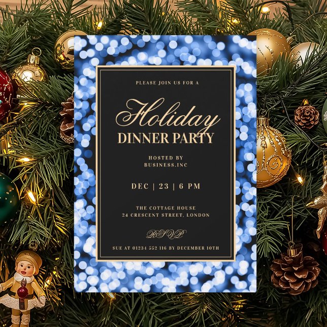 Convite Festa de Jantar de Natal com Luzes Glam Black & Az (Black & Navy Blue Glam Lights Holiday Dinner Party Invitation)