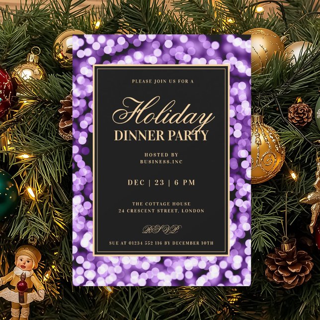Convite Festa de Jantar de Natal com Luzes Glam Black & Pu (Black & Purple Glam Lights Holiday Dinner Party Invitation)