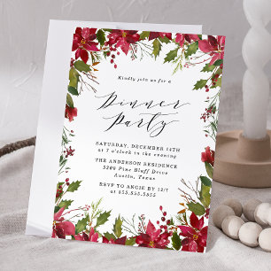 Convite Festa de Jantar de Natal com Poinsettia em Aquarel