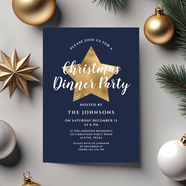 Convite Festa de Jantar de Natal Elegante Estrela Dourada  (Elegant Navy Blue Gold Star Christmas Dinner Party Invitation)