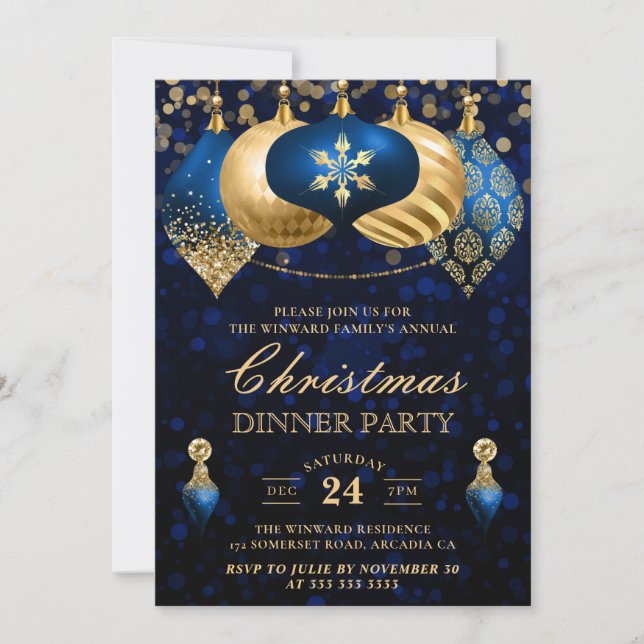 Convite Festa de Jantar de Natal Elegantes Bolas Azuis e D (Frente)