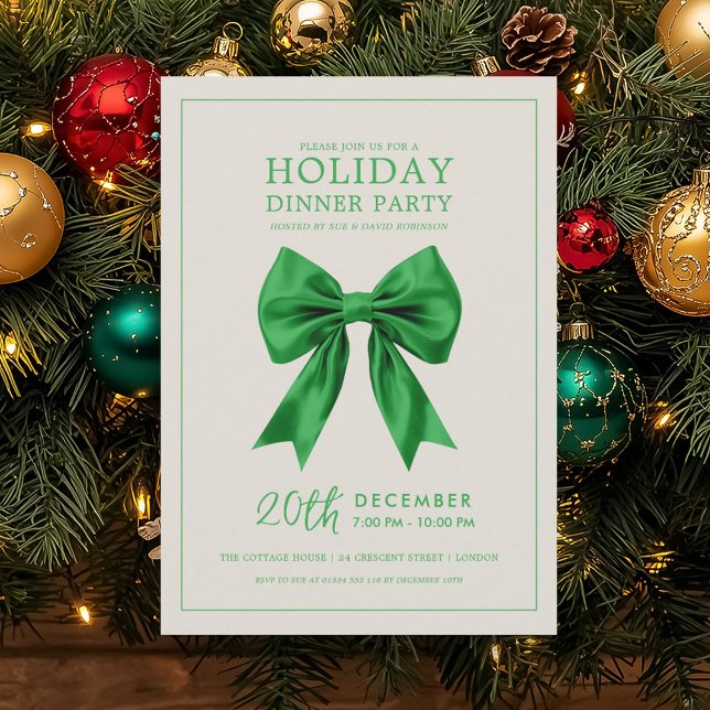 Convite Festa de Jantar de Natal Laço de Seda Verde (Christmas Holiday Dinner Party Green Satin Bow Invitation)