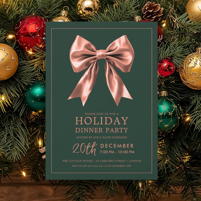 Convite Festa de Jantar de Natal Rosa Dourado Seda Verde  (Holiday Dinner Party Rose Gold Satin Bow Green Invitation)