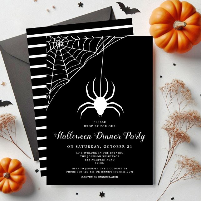 Convite Festa de jantar do dia das bruxas, preto e branco (Cute Spider Black & White Halloween Dinner Party Invitation)