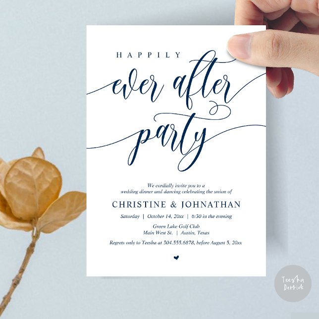 Convite Festa de Jantar e Dança Felizes para Sempre (Happily Ever After Party Dinner Dancing Modern Invitation Card, PDF, in Navy Blue)