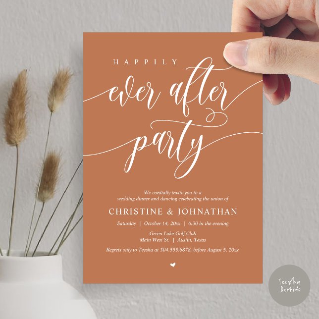 Convite Festa de Jantar e Dança Felizes para Sempre (Happily Ever After Party Dinner Dancing Modern Invitation Card, PDF, in Copper Brown Terracotta)