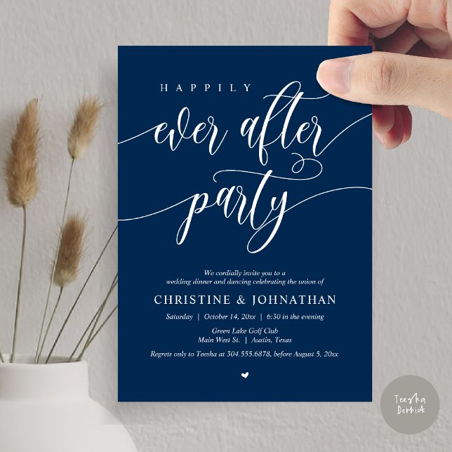 Convite Festa de Jantar e Dança Felizes para Sempre (Happily Ever After Party Dinner Dancing Modern Invitation Card, PDF, in Navy Blue)