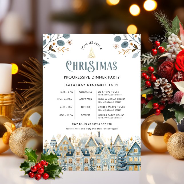 Convite Festa de Jantar Progressivo de Natal Scandi Blue (Progressive Dinner Invitation )