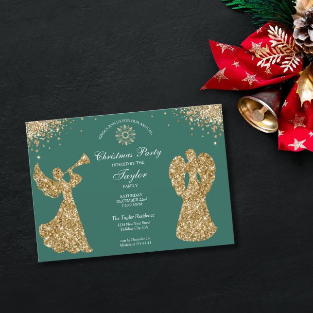 Convite Festa de Janto da Família Angel Christmas Tree (religious family christmas party invitation with green background and gold trumpet angels)