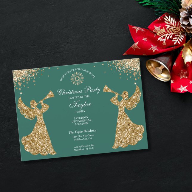 Convite Festa de Janto da Família Angel Christmas Tree (religious family christmas party invitation with green background and gold trumpet angels)