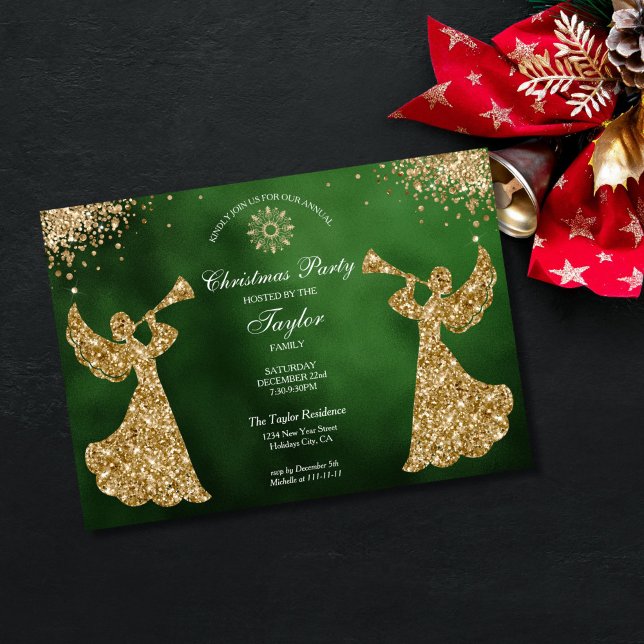 Convite Festa de Janto da Família Angel Christmas Tree (religious family christmas party invitation with green background and gold trumpet angels)