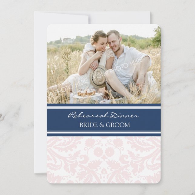 Convite Festa de Janto de ensaio de fotos azul de Damask a (Frente)