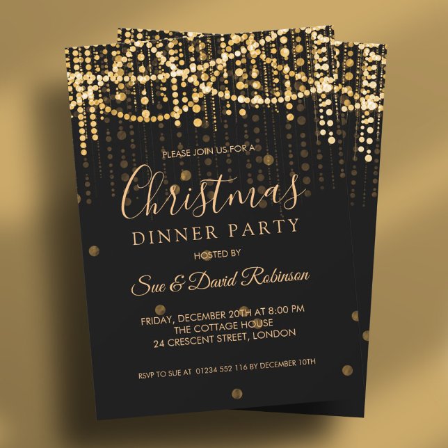 Convite Festa de Janto de Férias de Natal das Luzes Dourad (Gold String Lights Christmas Holiday Dinner Party Invitation)