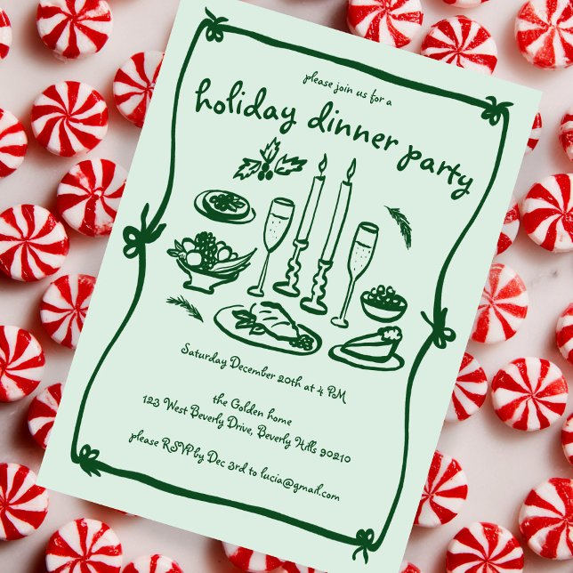 Convite Festa de Janto de Férias de Natal entre Raparigas  (Whimsical Girly Doodle Sketch Christmas Holiday Dinner Party Invitation
)