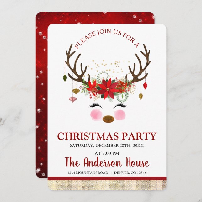 Convite Festa de Janto de Férias de Natal para Reindeer Cu (Frente/Verso)