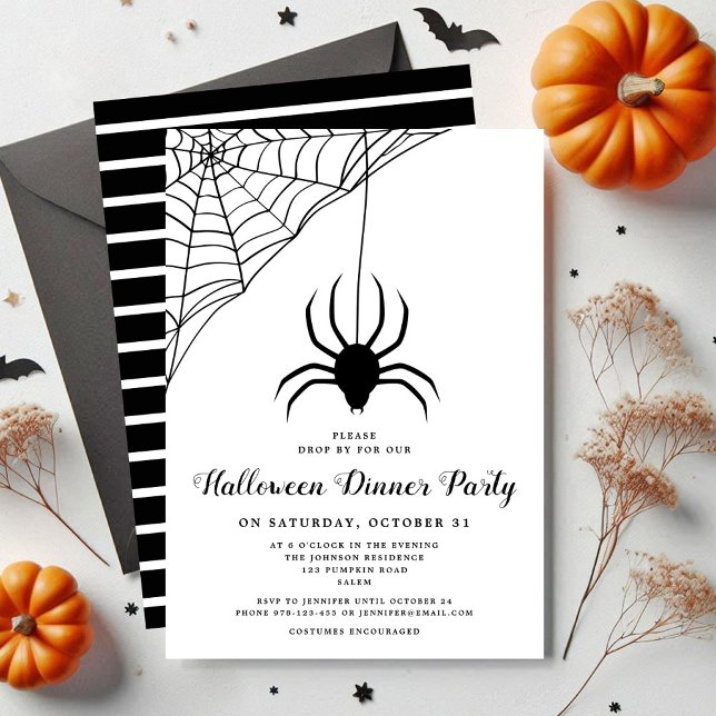 Convite Festa de Janto de Halloween de Aranha Negra (Cute Black Spider Halloween Dinner Party Invitation)